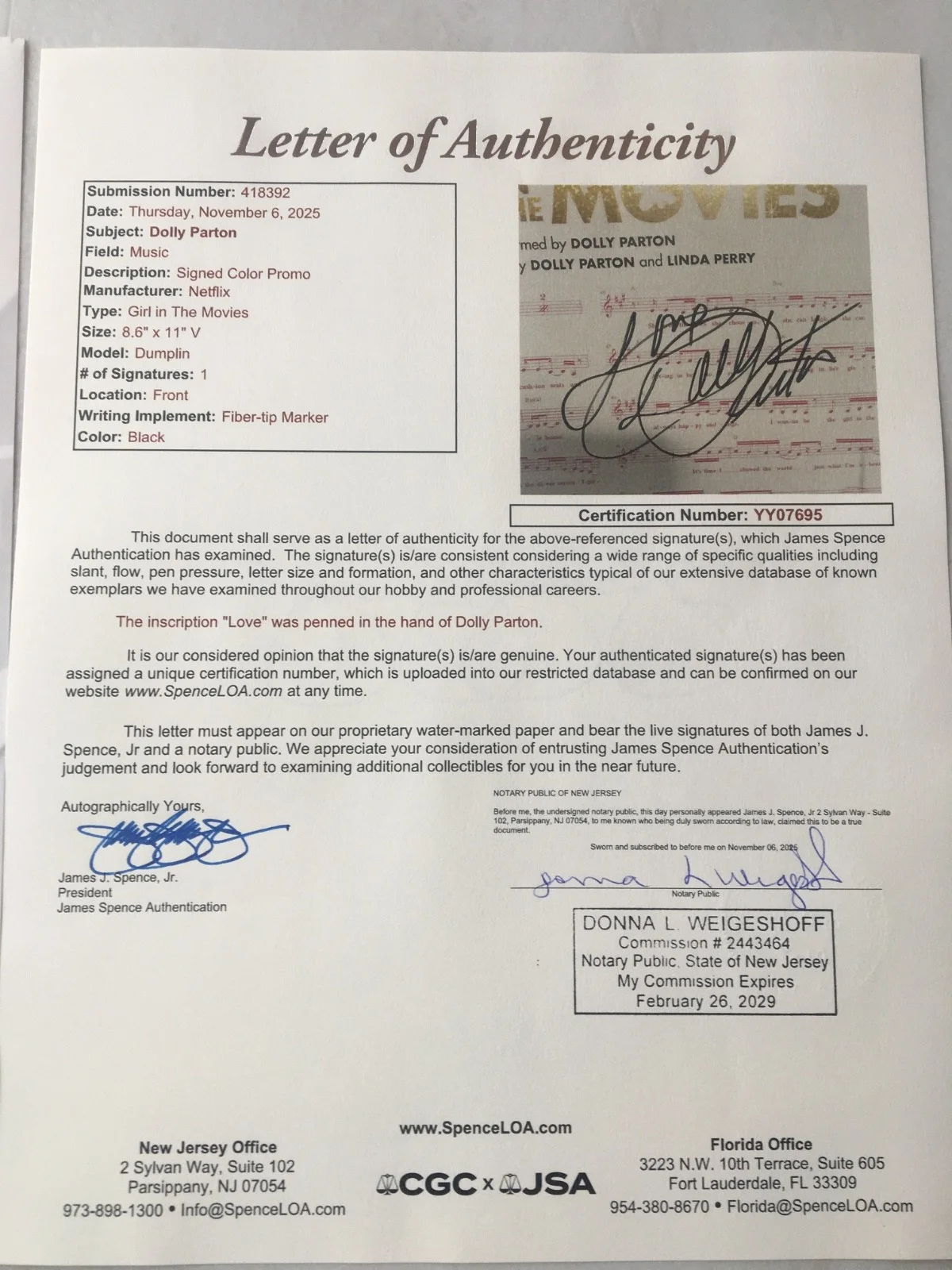 Dolly Parton Dumplin Signed Sheet Music JSA COA LOA RARE AUTOGRAPH !! No Vinyl, image 3