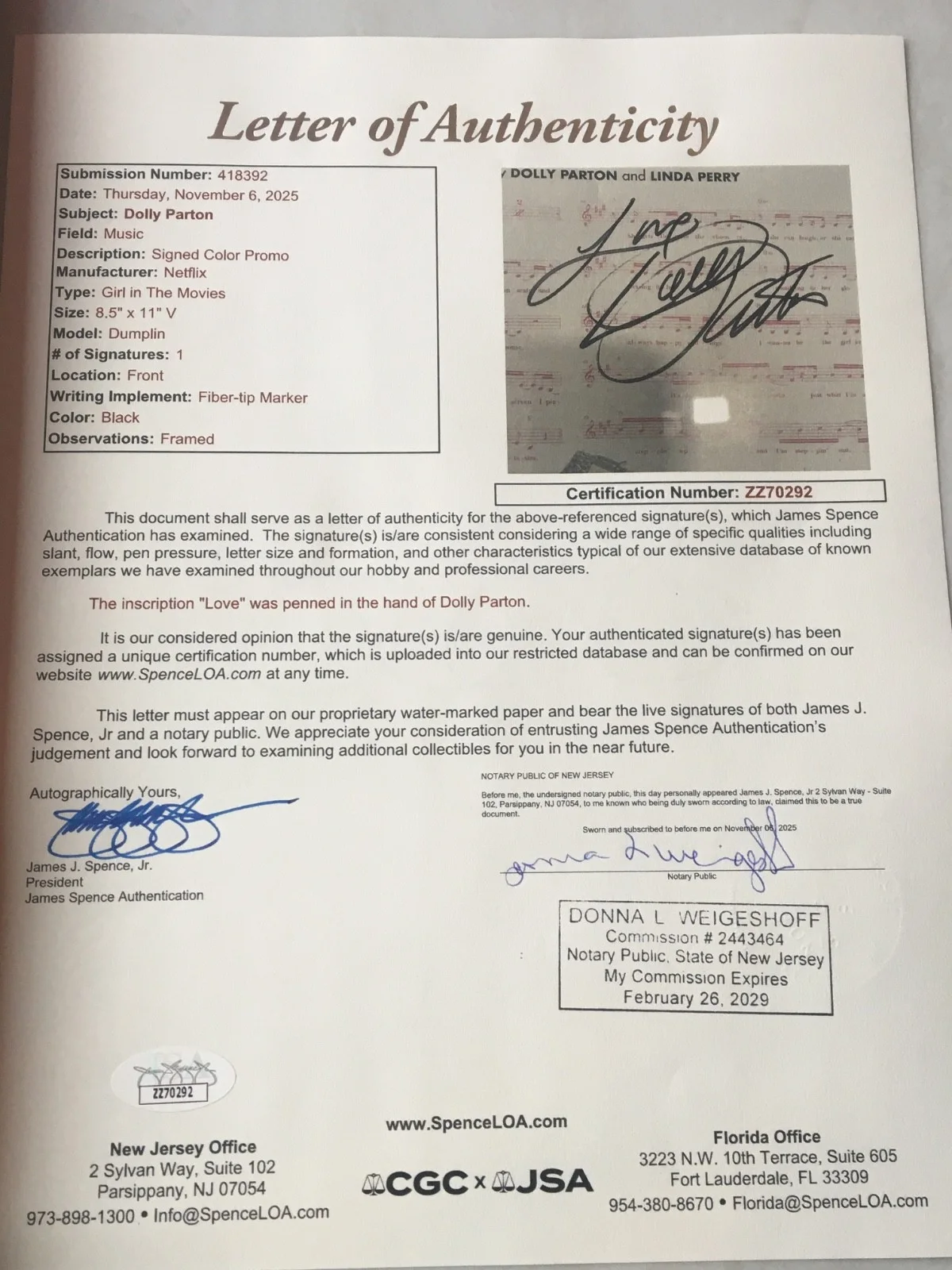 Dolly Parton Dumplin Signed Framed Sheet Music JSA COA LOA AUTOGRAPH No Vinyl, изображение 3