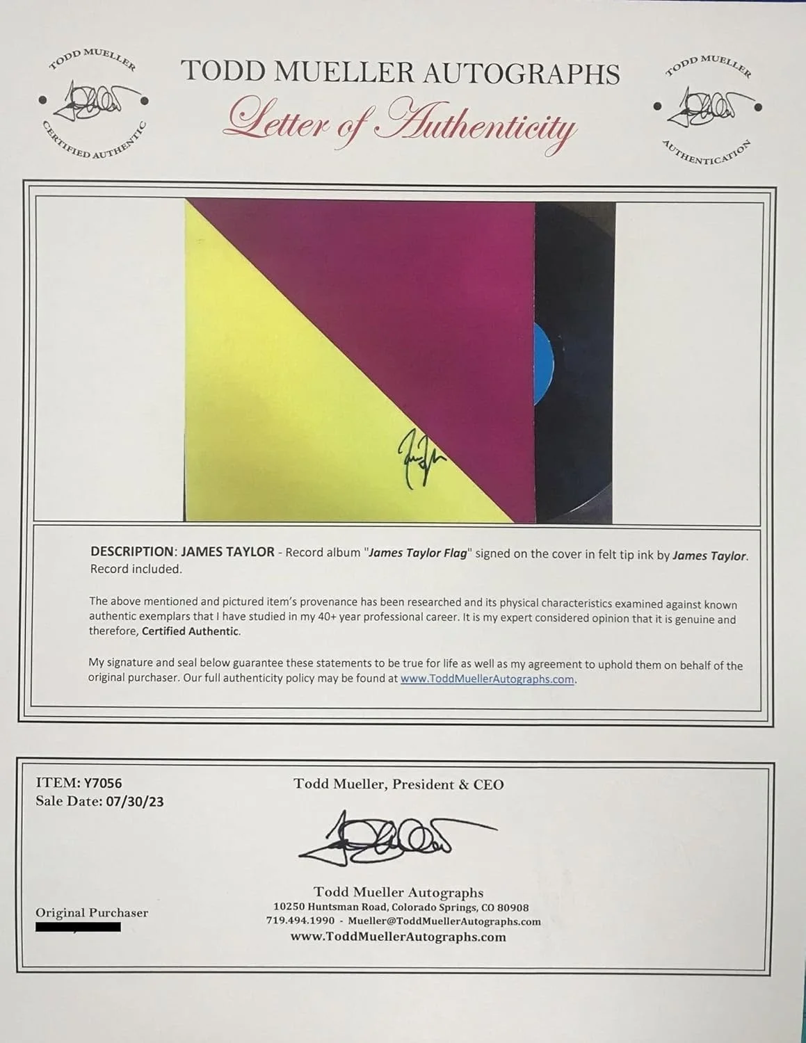 James Taylor Signed Autographed 'Flag' Record Album - Todd Mueller COA, изображение 2