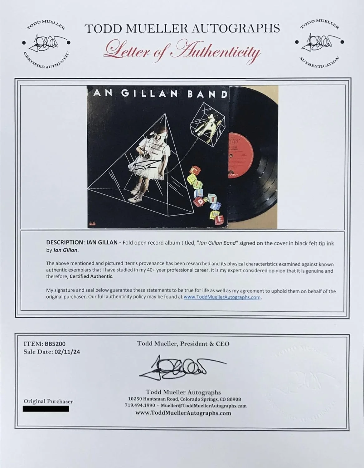 Ian Gillan Signed Autographed "Child N Time" Record Album - Todd Mueller COA, image 2