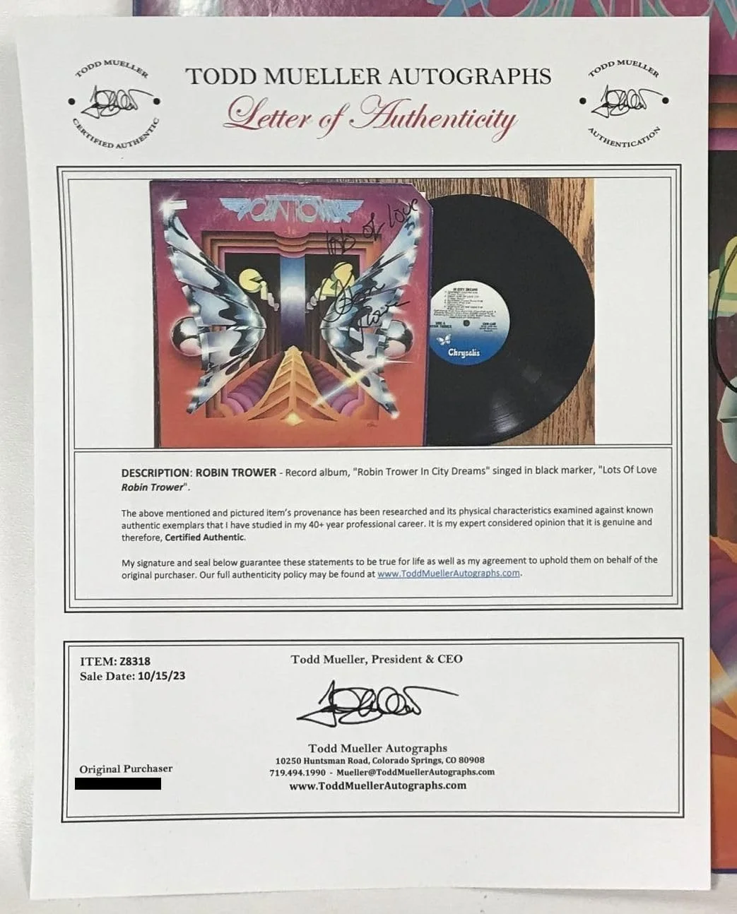 Robin Trower Signed Autographed "In City Dreams" Record Album - Todd Mueller COA, image 2