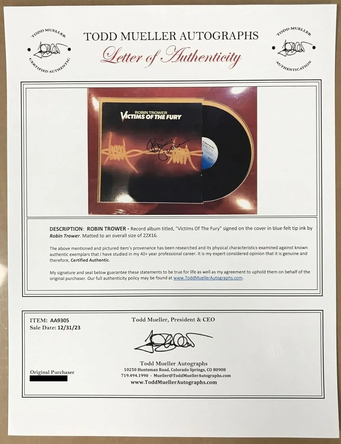 Robin Trower Signed Autographed "Victims of the Fury" Record Album Matted 22x16, изображение 2