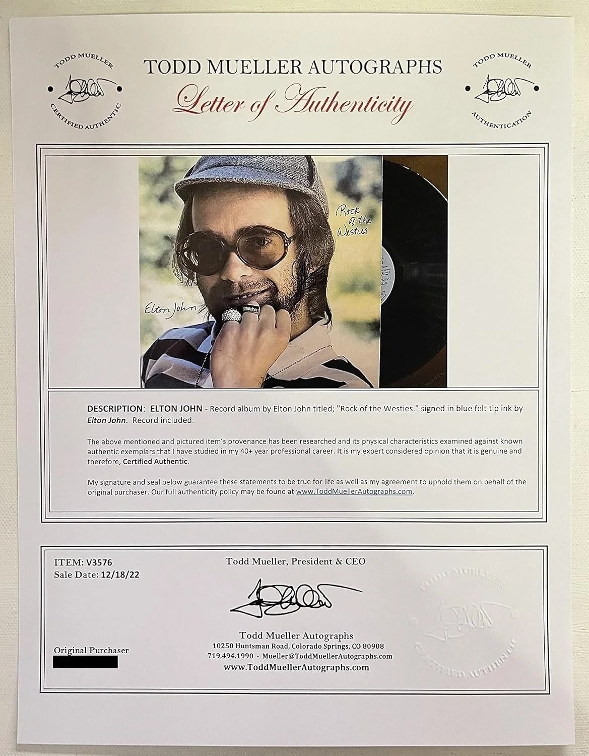 Elton John Signed Autographed "Rock of the Westies" Record Album - Mueller COA, изображение 2