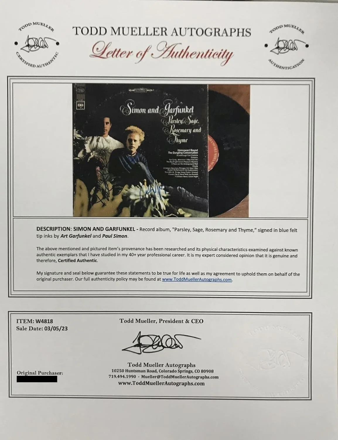 Paul Simon & Art Garfunkel Signed Autographed 'Simon and Garfunkel' Record Album, изображение 2