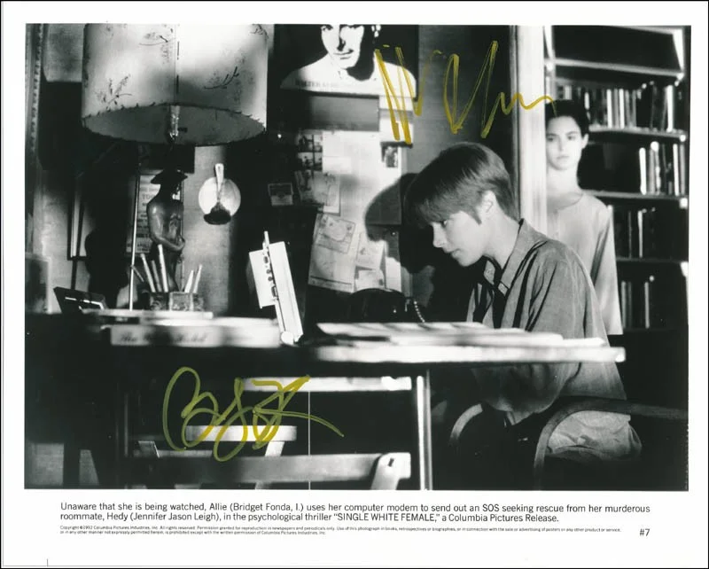 Bridget Fonda, Jennifer Jason Leigh — SINGLE WHITE FEMALE MOVIE CAST PRINTED PHOTOGRAPH SIGNED IN INK WITH CO-SIGNERS
