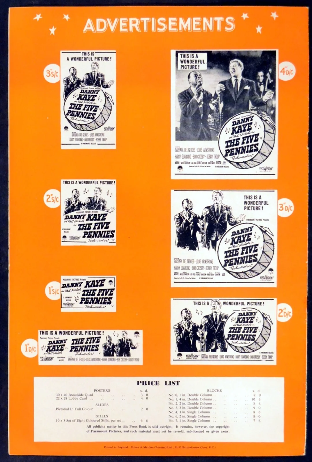 FIVE PENNIES 1959 Danny Kaye - 'Red' Nichols, Louis Armstrong UK PRESSBOOK, изображение 3