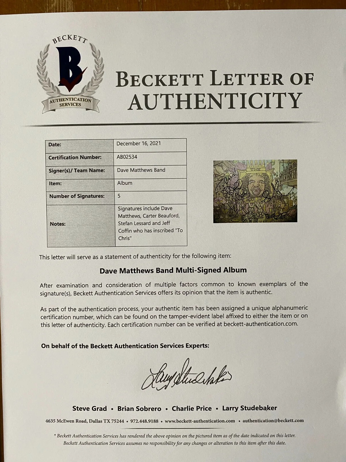 DAVE MATTHEWS BAND SIGNED BIG WHISKEY LP ALBUM AUTOGRAPH BAS COA CARTER BEAUFORD, изображение 3