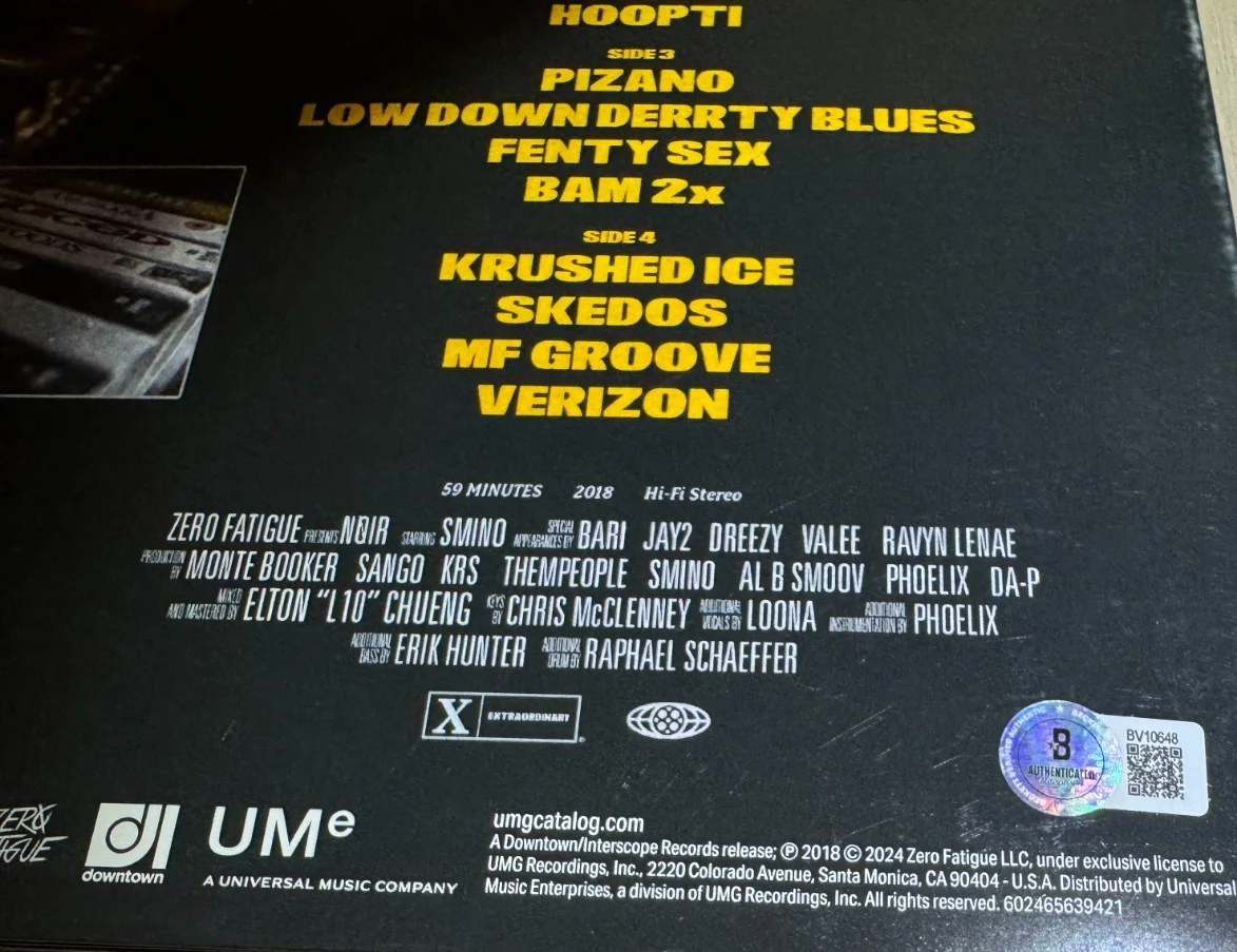 SMINO SIGNED NOIR BLACK VINYL ALBUM AUTOGRAPH ZERO FATIGUE BAS COA, изображение 4