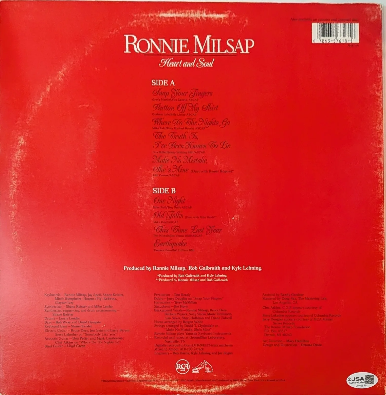 Ronnie Milsap Signed Heart And Soul Vinyl Record Album LP Autographed JSA COA, изображение 2
