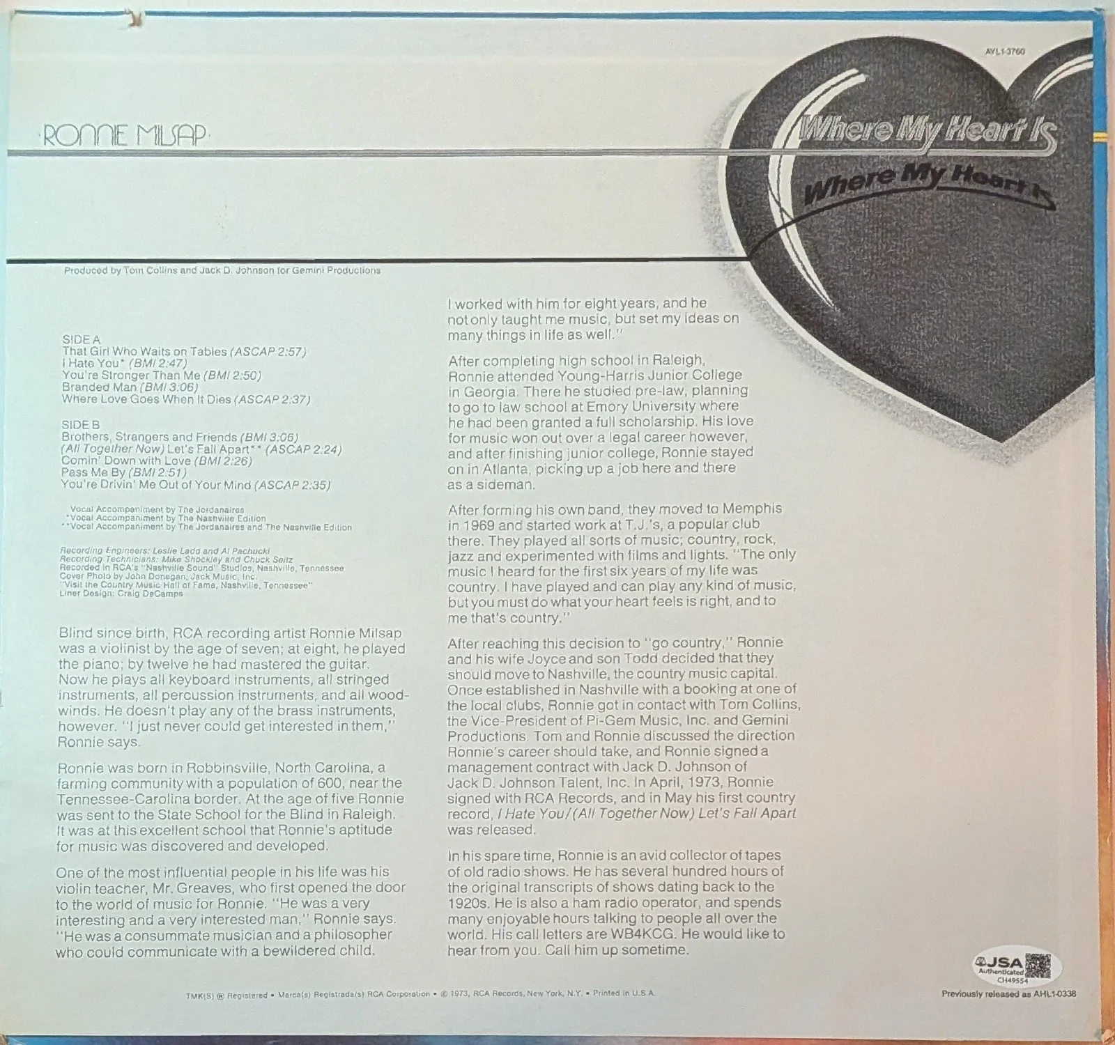 Ronnie Milsap Signed Where My Heart Is Vinyl Record Album LP Autograph JSA COA, изображение 2