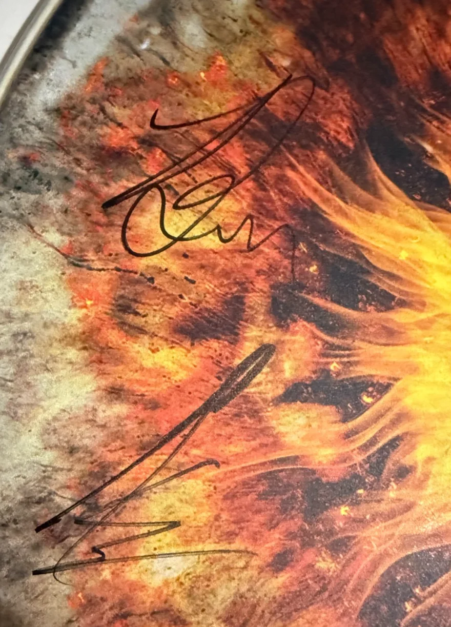 Breaking Benjamin REAL SIGNED 20" Ember artwork Bass Drumhead JSA COA Burnley, image 2