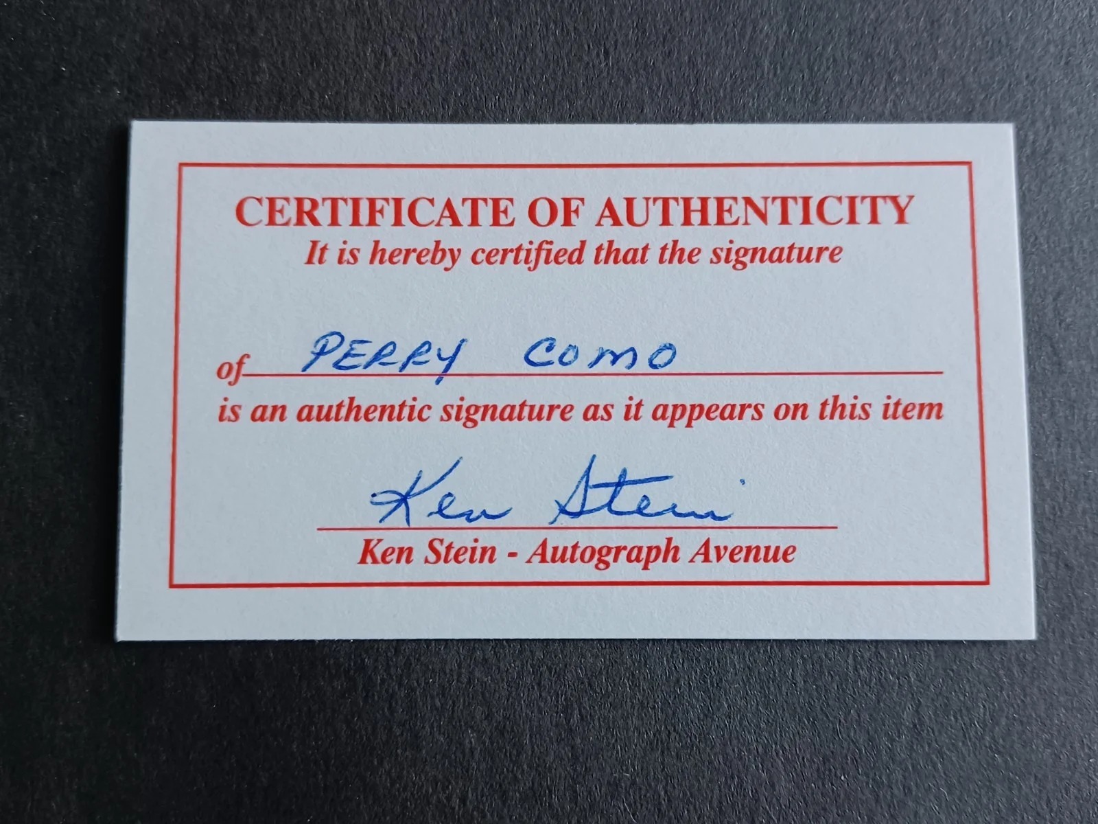 Perry Como (d. 2001) Signed Index Card w/COA - Singer, Actor - G, image 2