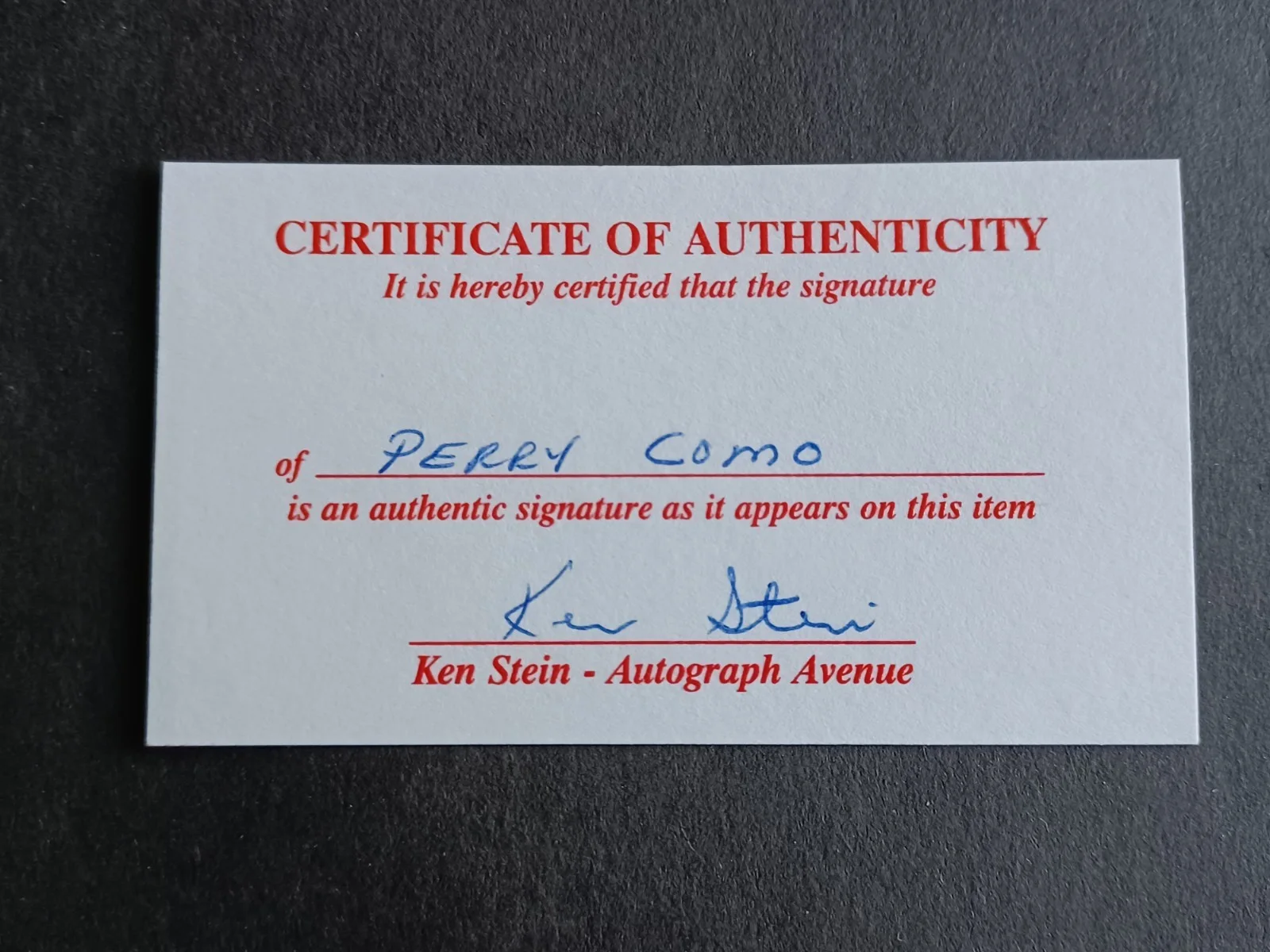 Perry Como (d. 2001) Signed Index Card w/COA - Singer, Actor - F, image 2