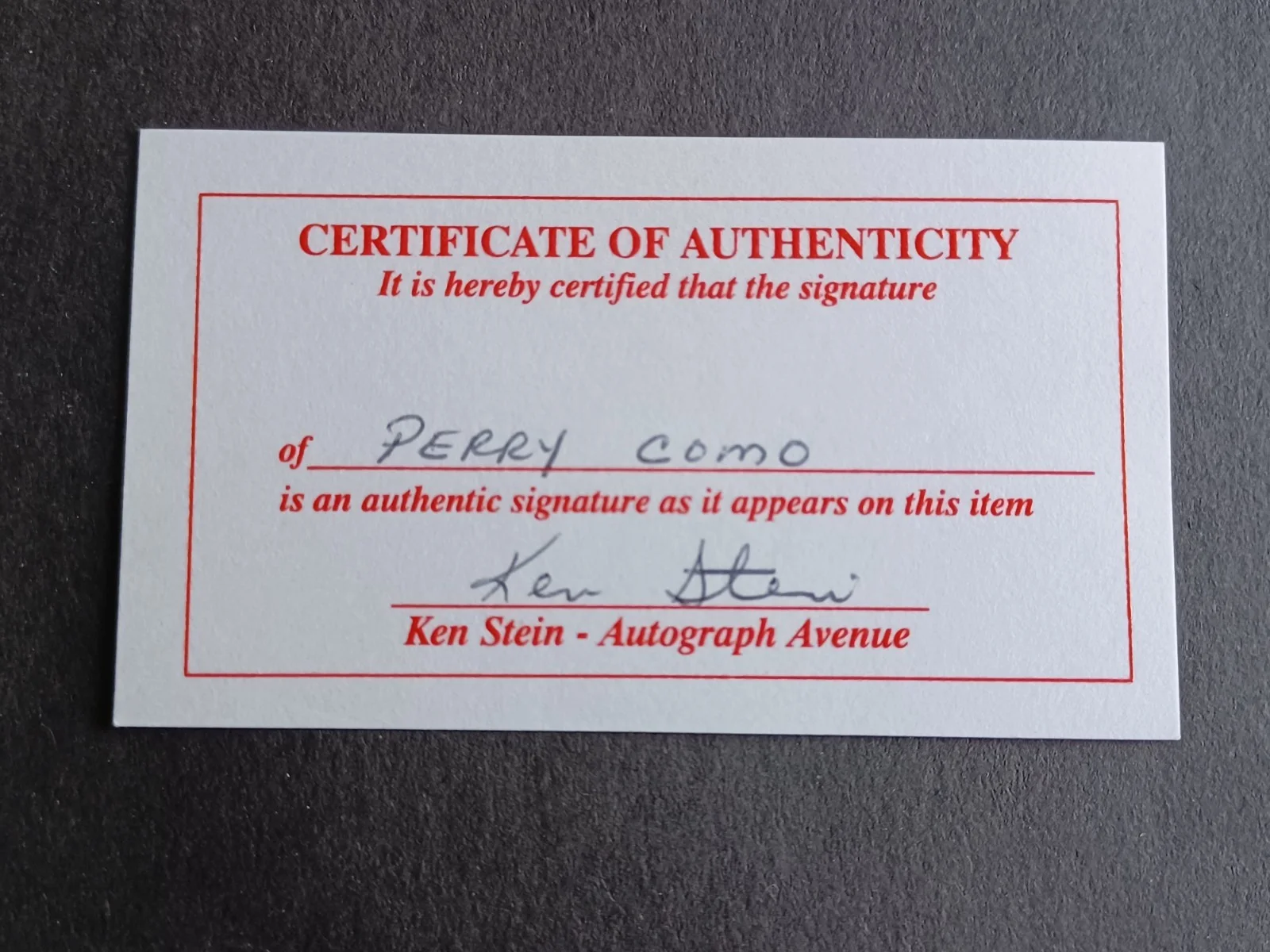 Perry Como (d. 2001) Signed Index Card w/COA - Singer, Actor - C, image 2