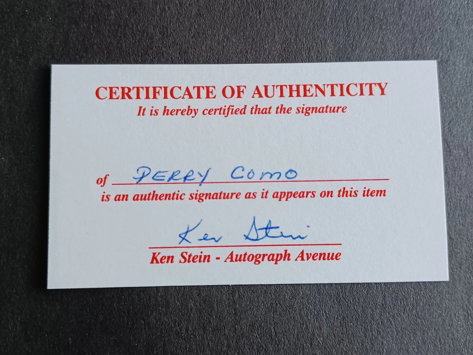 Perry Como (d. 2001) Signed Index Card w/COA - Singer, Actor - E, image 2
