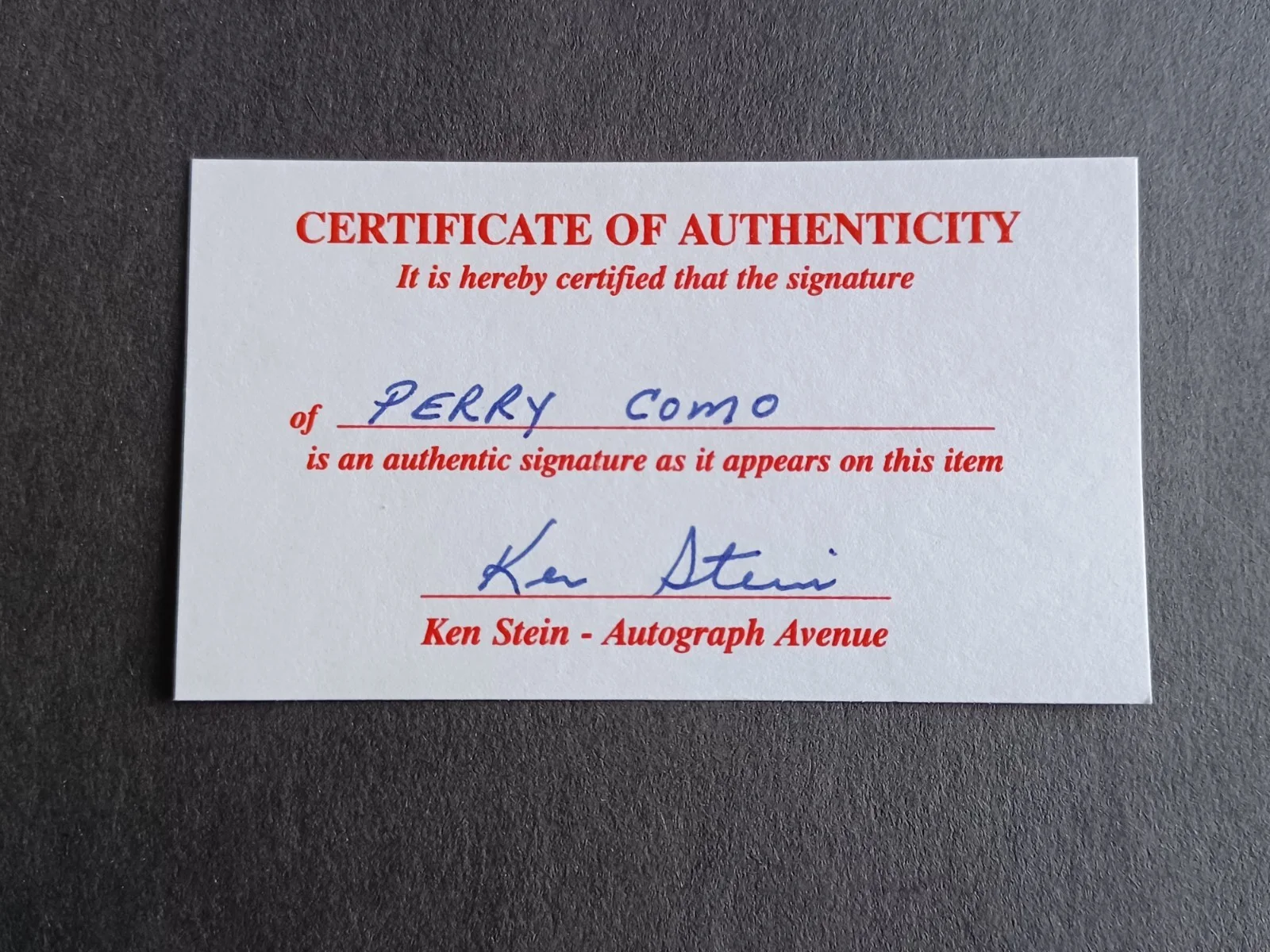 Perry Como (d. 2001) Signed Index Card w/COA - Singer, Actor - B, image 2
