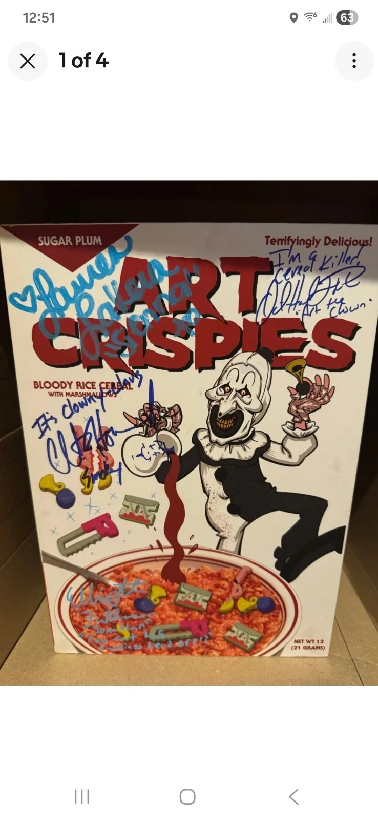 DHT, Lauren Lavera, Elliot fullam, Clint howard — Autographed Spirit terrifier cereal box Sign David Howard Thornton Lavena Fullum