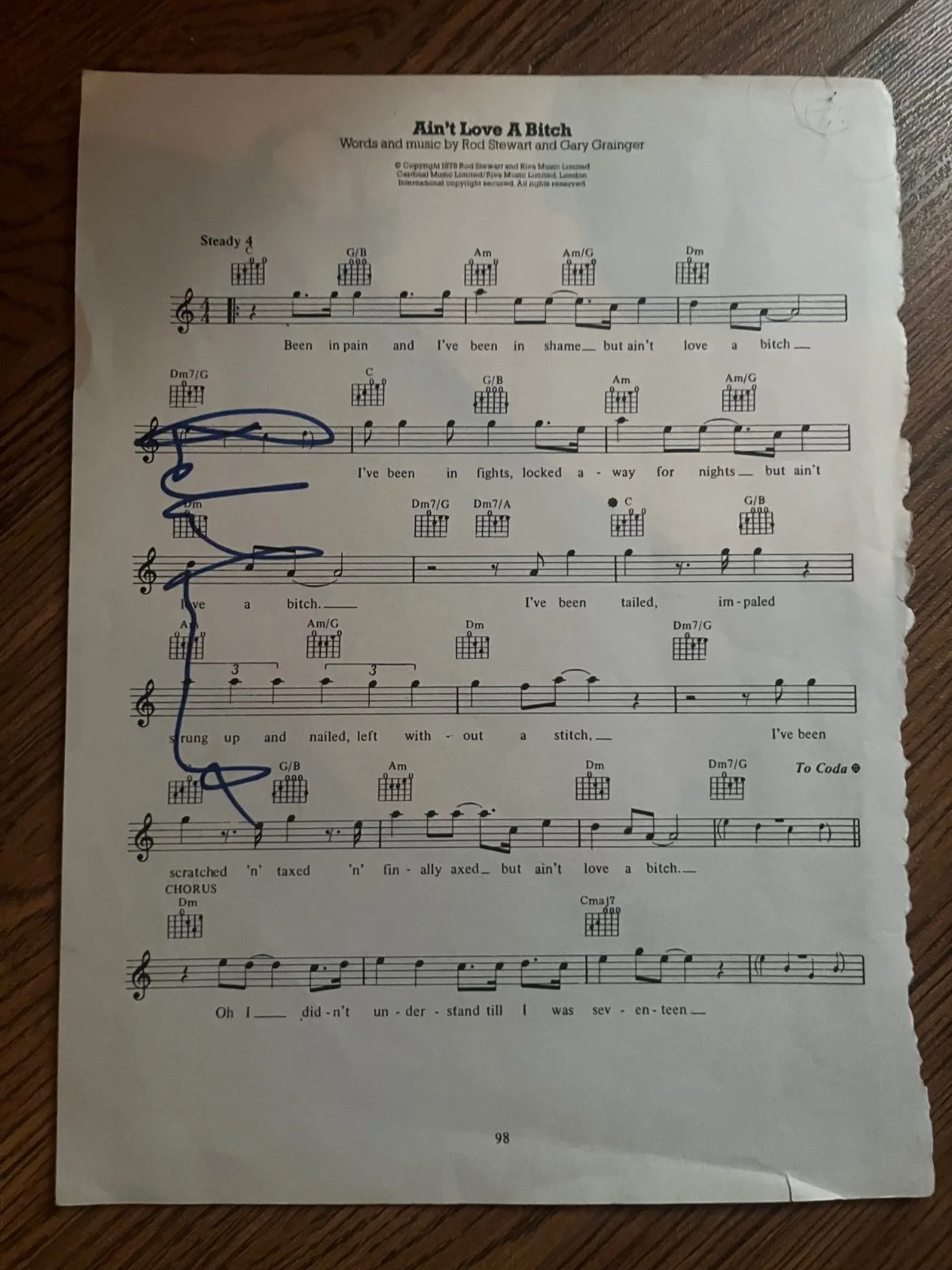 Rod Steward "Ain't Love A Bitch"--Original Signature--HSA Authenticated, image 2