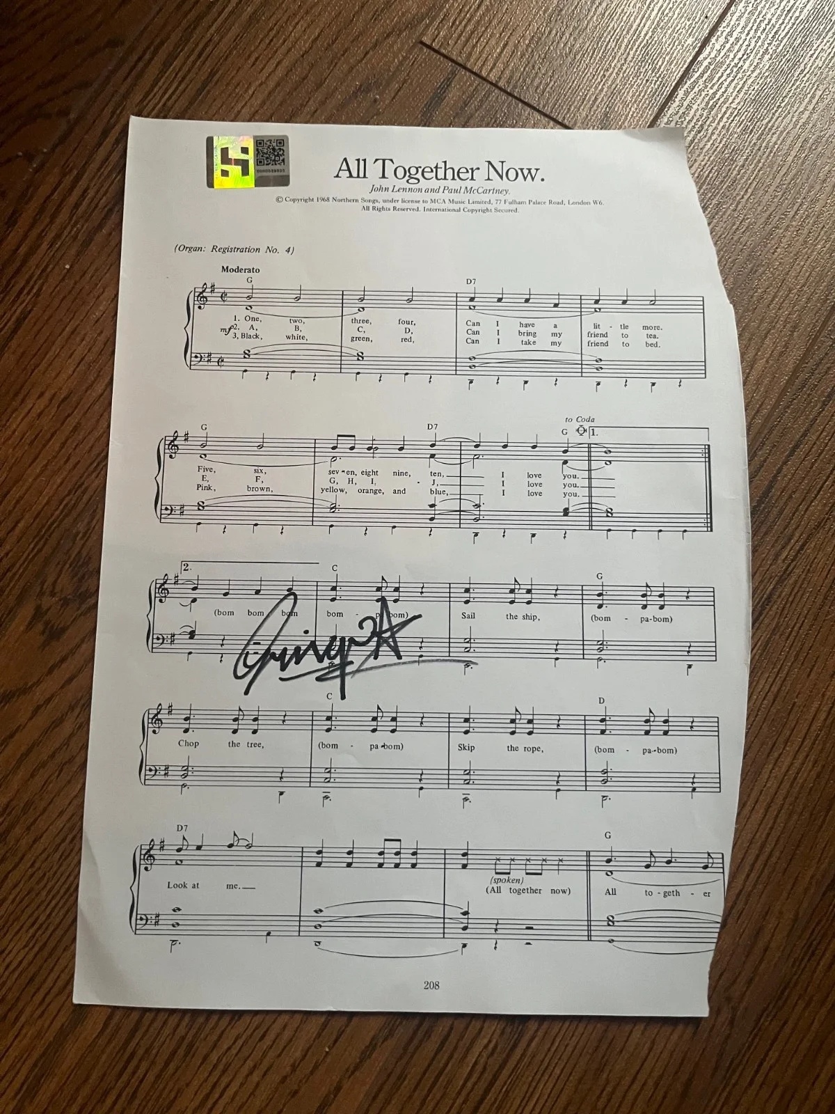 Ringo Starr Signed "All Together Now"Sheet Music--Original Signature--HSA Authe, image 3