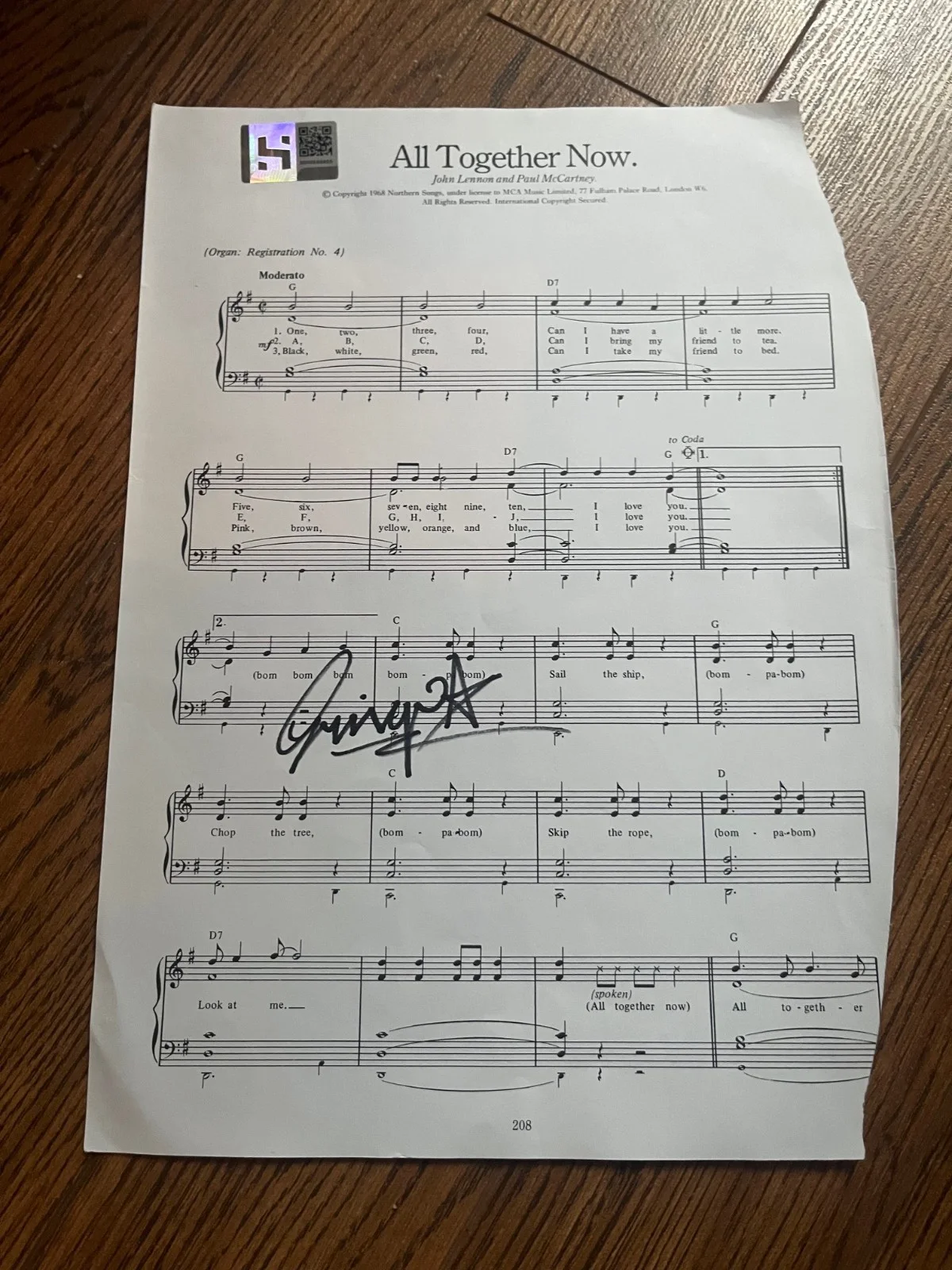 Ringo Starr Signed "All Together Now"Sheet Music--Original Signature--HSA Authe, image 4