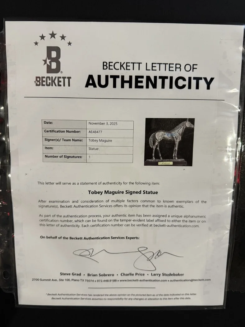 Tobey Maguire — Tobey Maguire Signed Autographed Horse Statue Seabiscuit Framed BAS AE48477, image 4