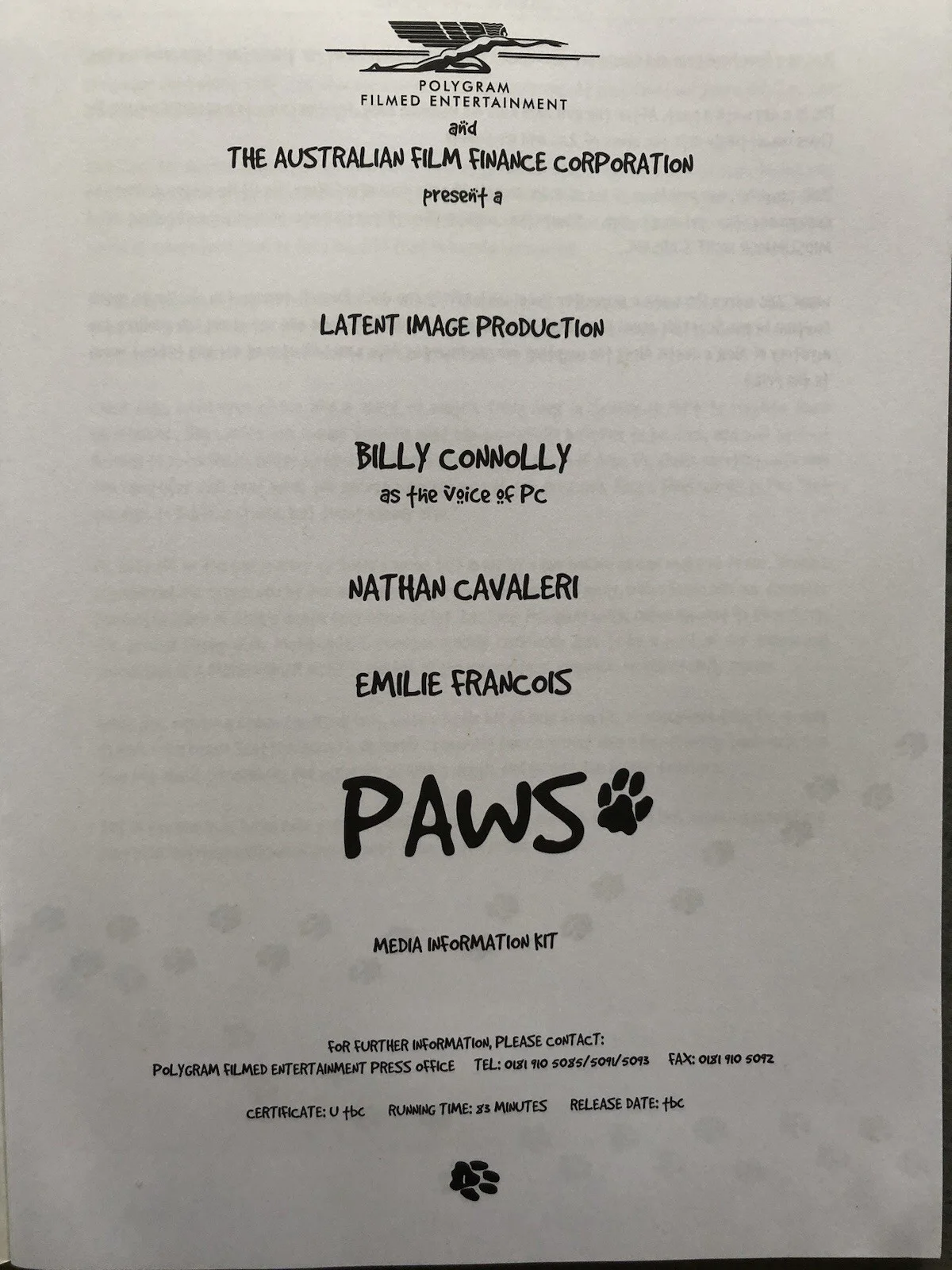 Cinema/Press Pack - Paws- Billy Connolly- Movie Collectable, image 3