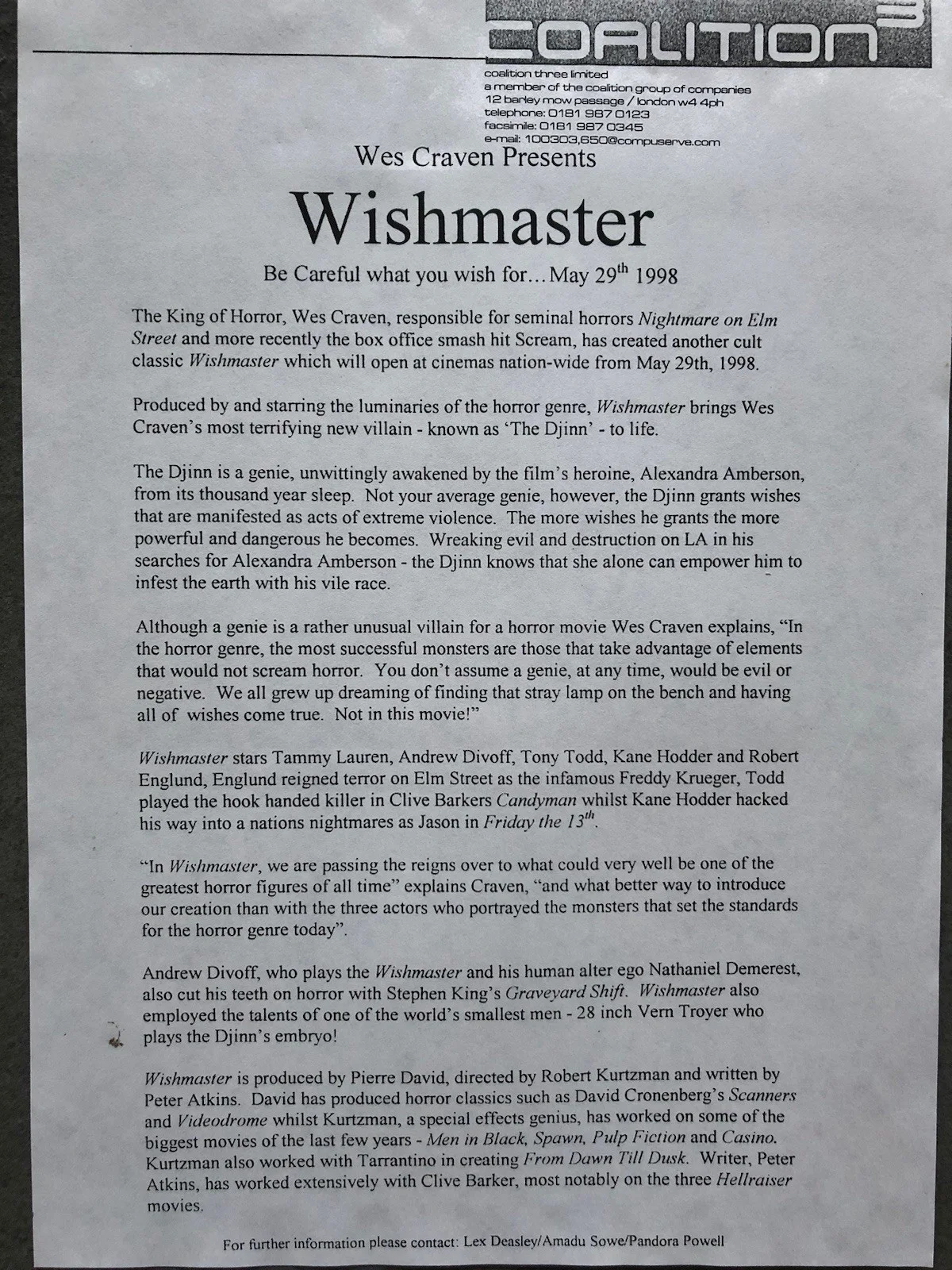 Cinema/Press Pack - Wishmaster - Wes Craven, Robert England - Move Collectable, image 4