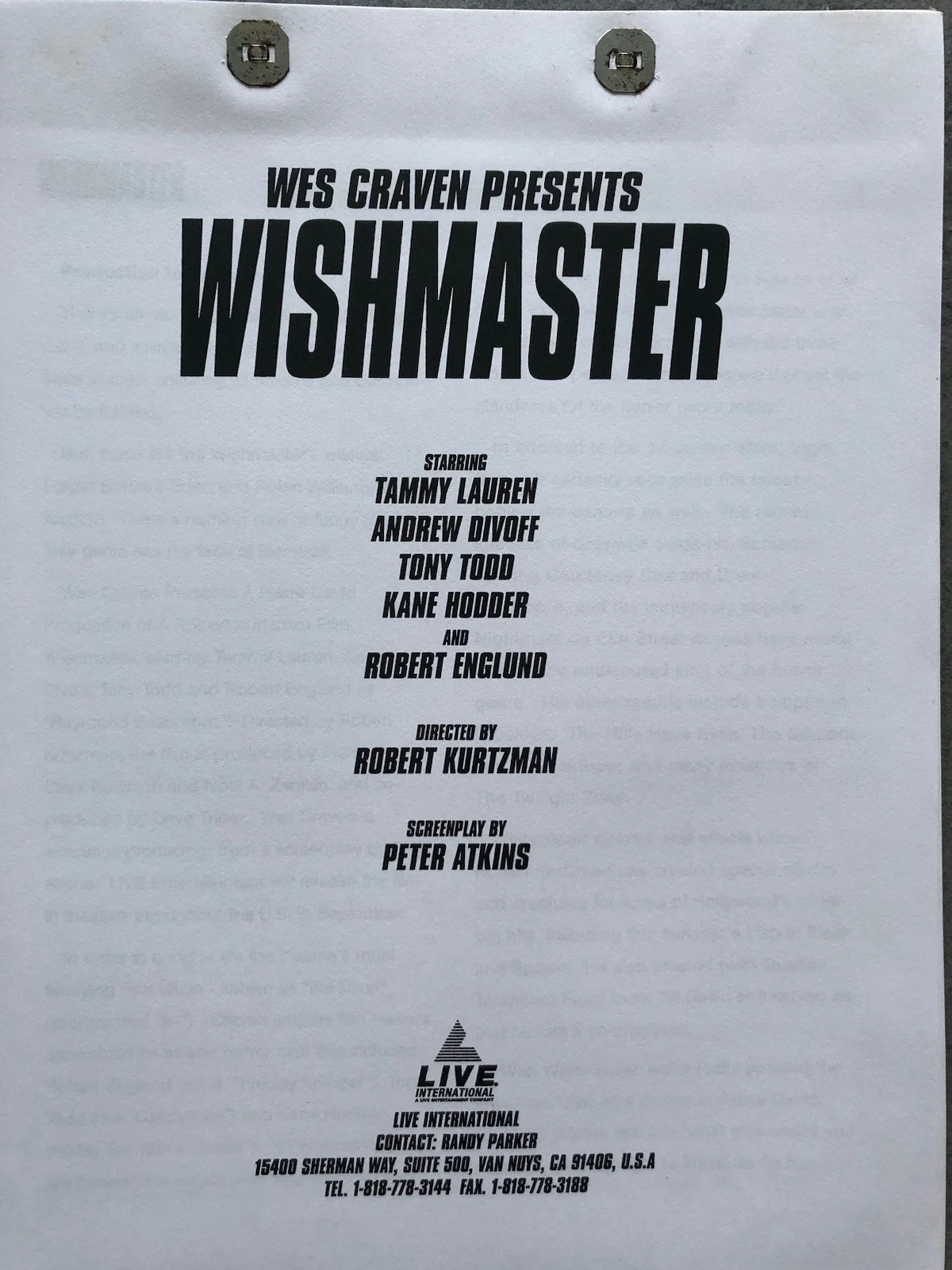 Cinema/Press Pack - Wishmaster - Wes Craven, Robert England - Move Collectable, image 5