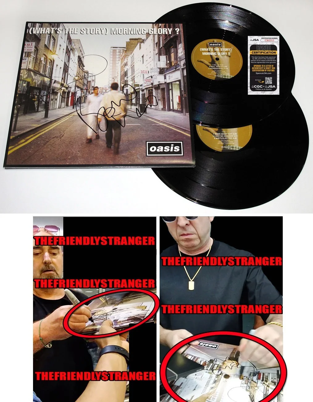 Noel Gallagher & Paul Bonehead Arthurs - Oasis — Noel Gallagher & Bonehead signed OASIS "WHAT'S THE STORY" Vinyl Album PROOF JSA