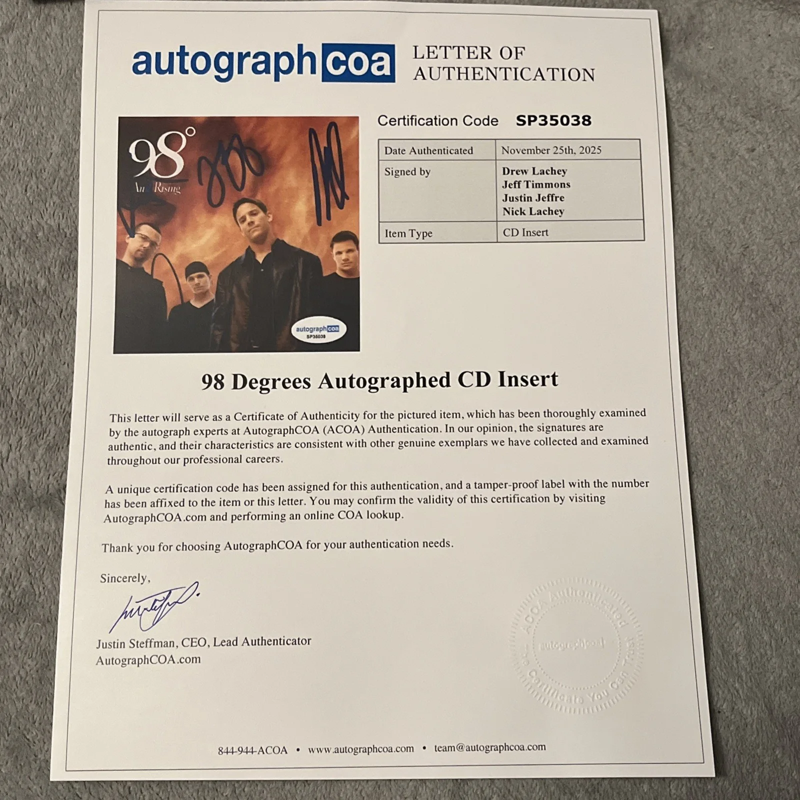 98 DEGREES SIGNED FRAMED 11x14 DISPLAY ACOA LOA NICK LACHEY DREW +2 RARE AUTO, image 5