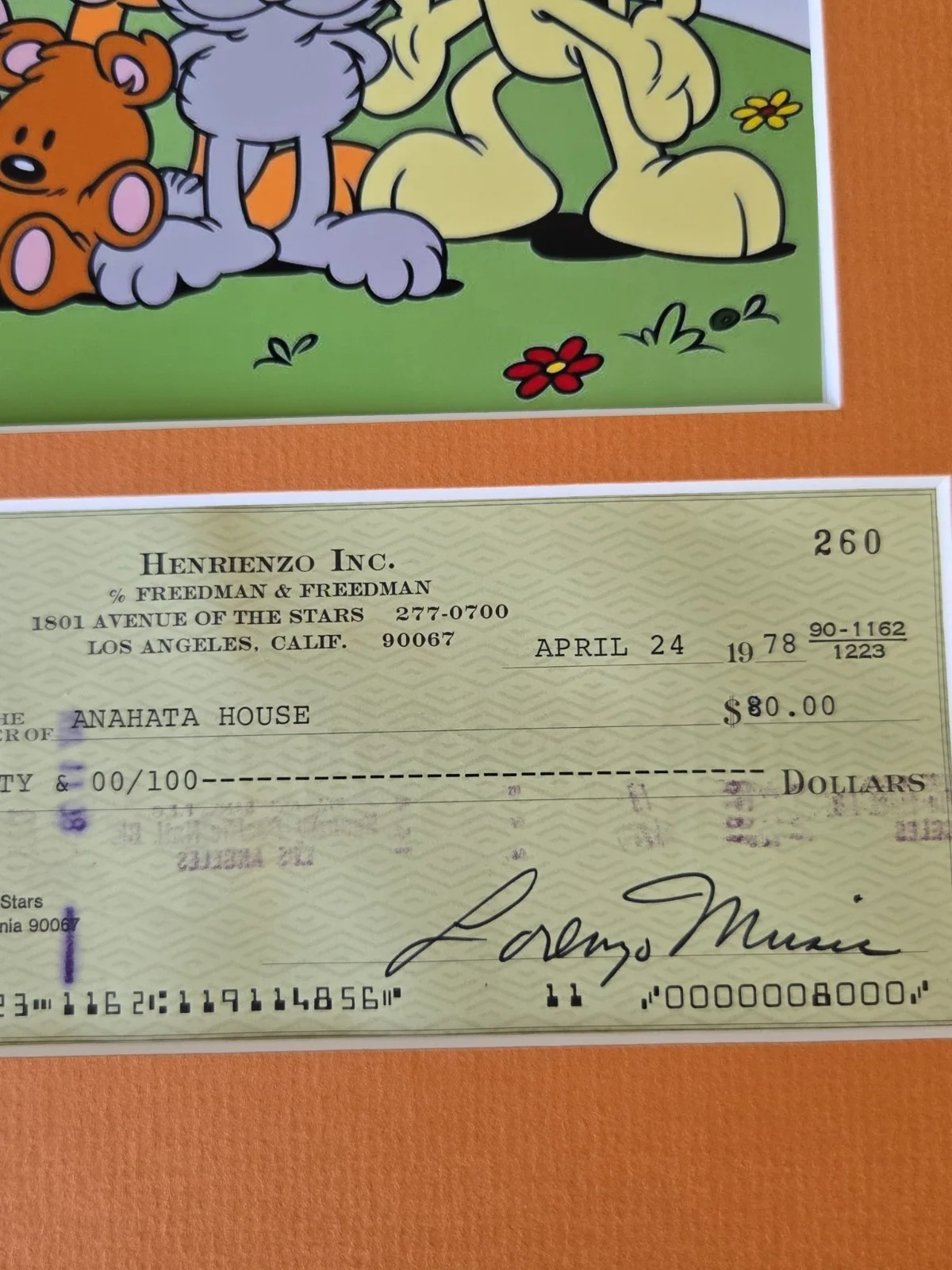 Lorenzo Music Signed Garfield and Friends Photo and Check Display Framed 12x18, изображение 2