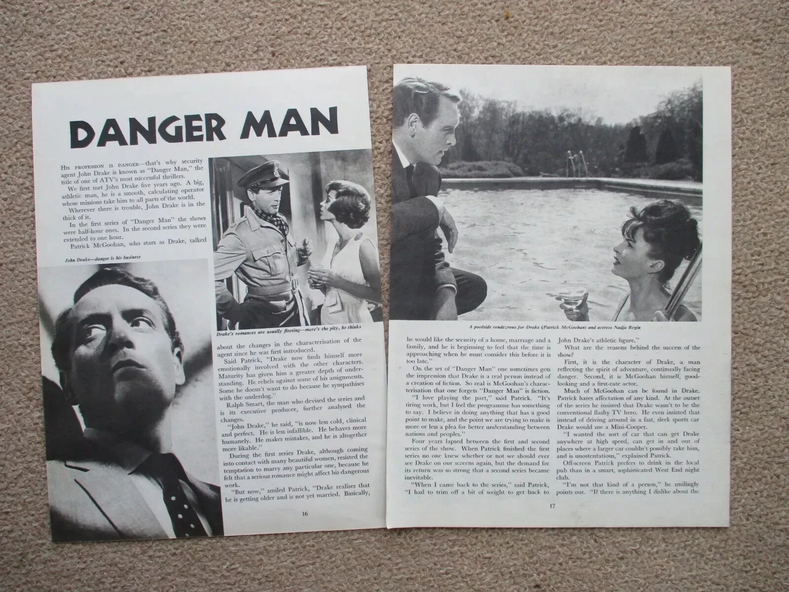 Danger Man ( 1960s iconic TV series ). 2 page article - Patrick McGoohan pics, image 2