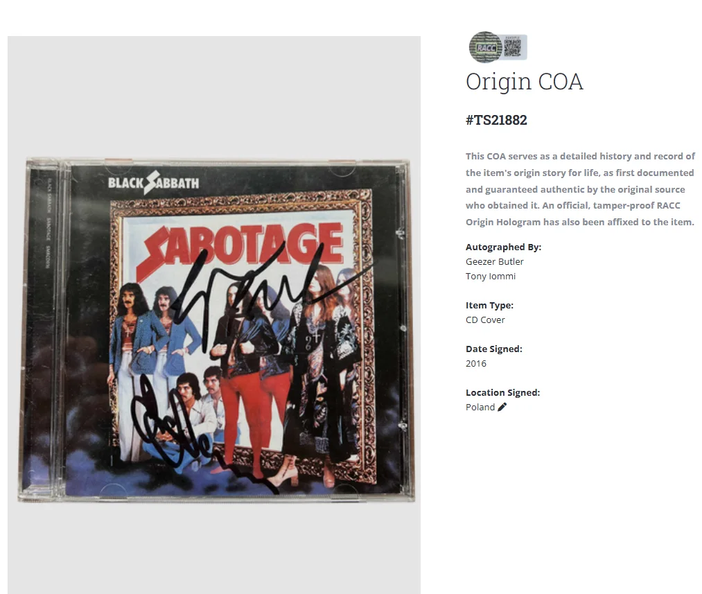 Black Sabbath Sabotage Tony Iommi Signed Autographed Album Record CD w/COA, image 2