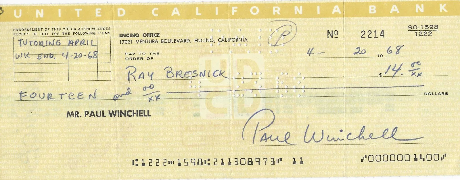 Paul Winchell — PAUL WINCHELL signed check 1968 with COA plus 9x6 photo, изображение 2