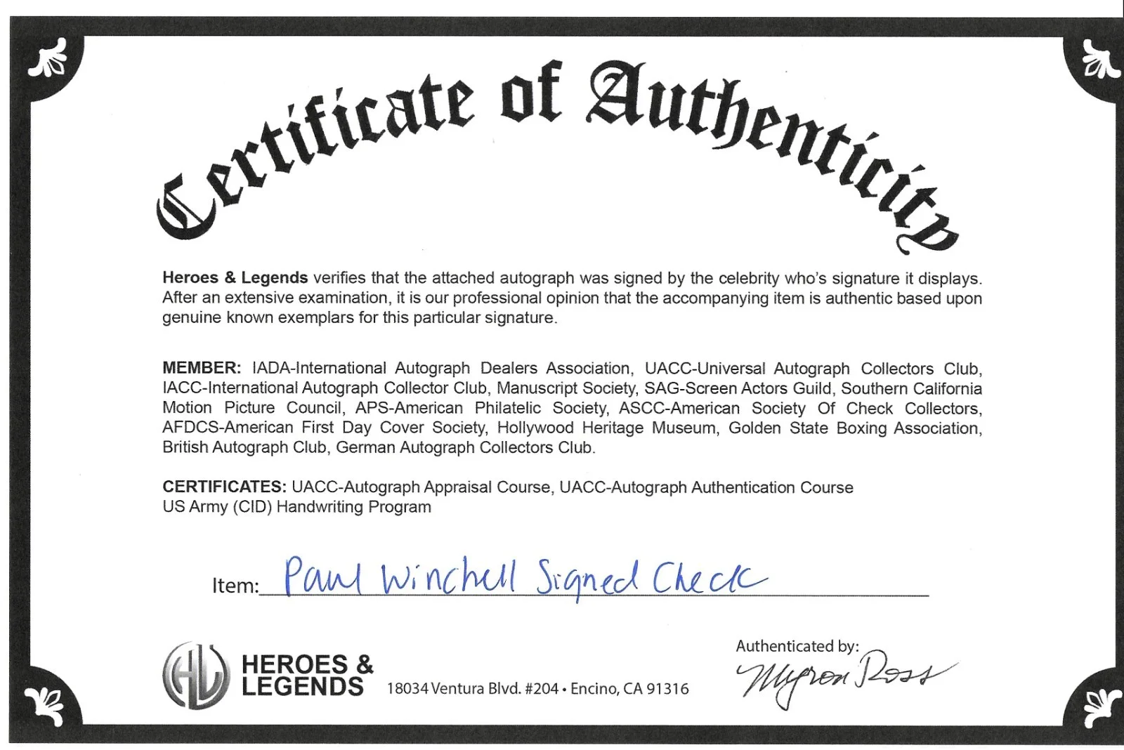 Paul Winchell — PAUL WINCHELL signed check 1968 with COA plus 9x6 photo, изображение 5