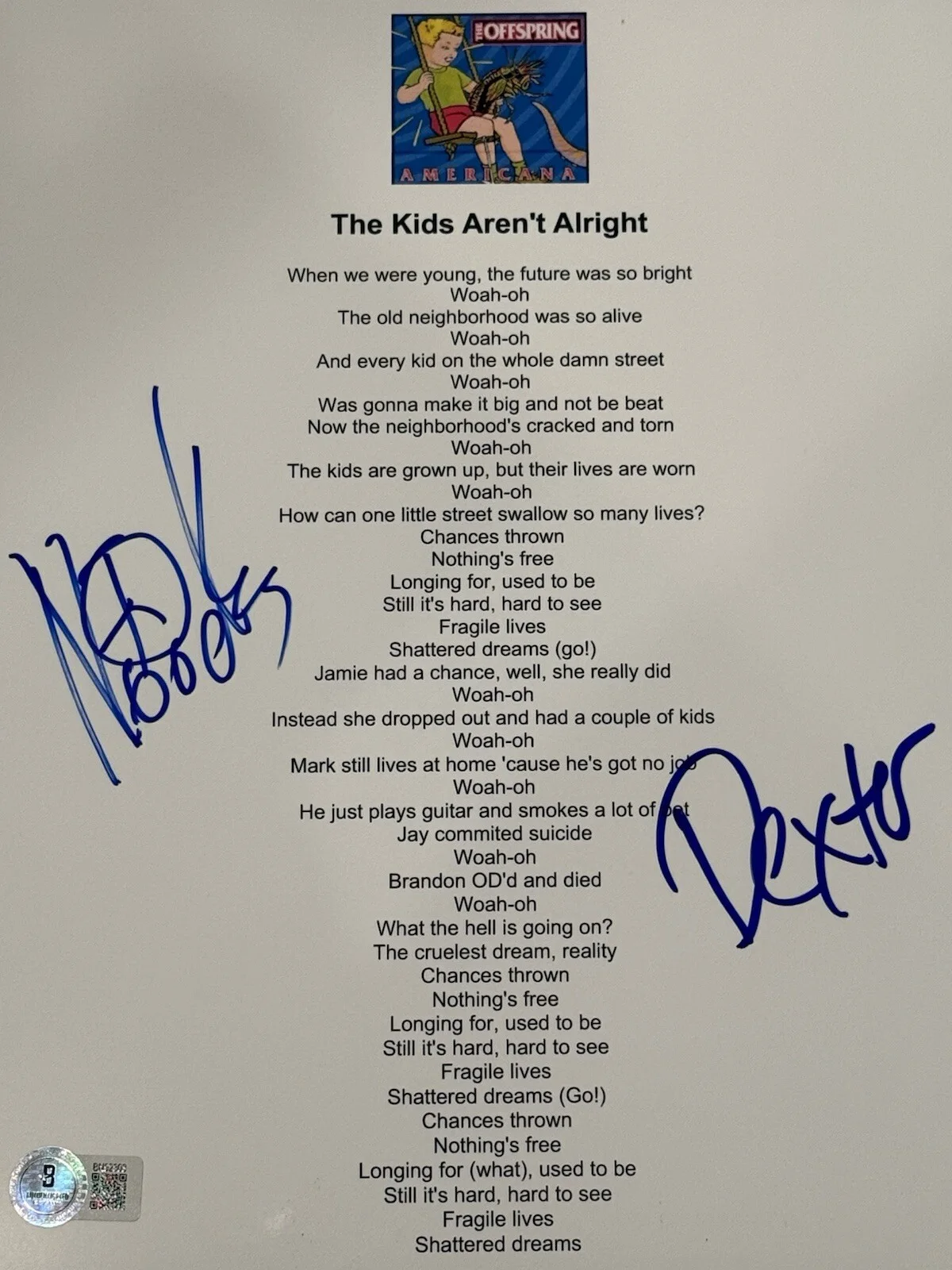 DEXTER HOLLAND X NOODLES SIGNED THE OFFSPRING THE KIDS ARENT ALRIGHT BECKETT, изображение 2