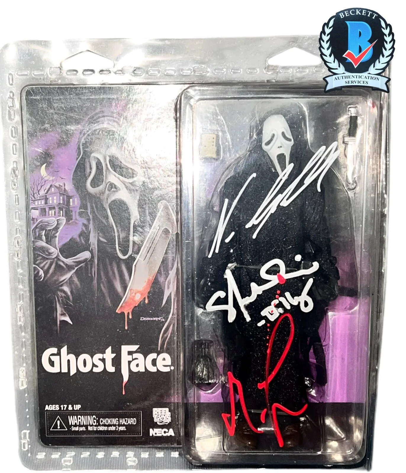 Mathew Lillard, Neve Campbell and Skeet Ulrich — MATHEW LILLARD NEVE CAMPBELL SKEET ULRICH SIGNED SCREAM GHOSTFACE FIGURE BECKETT