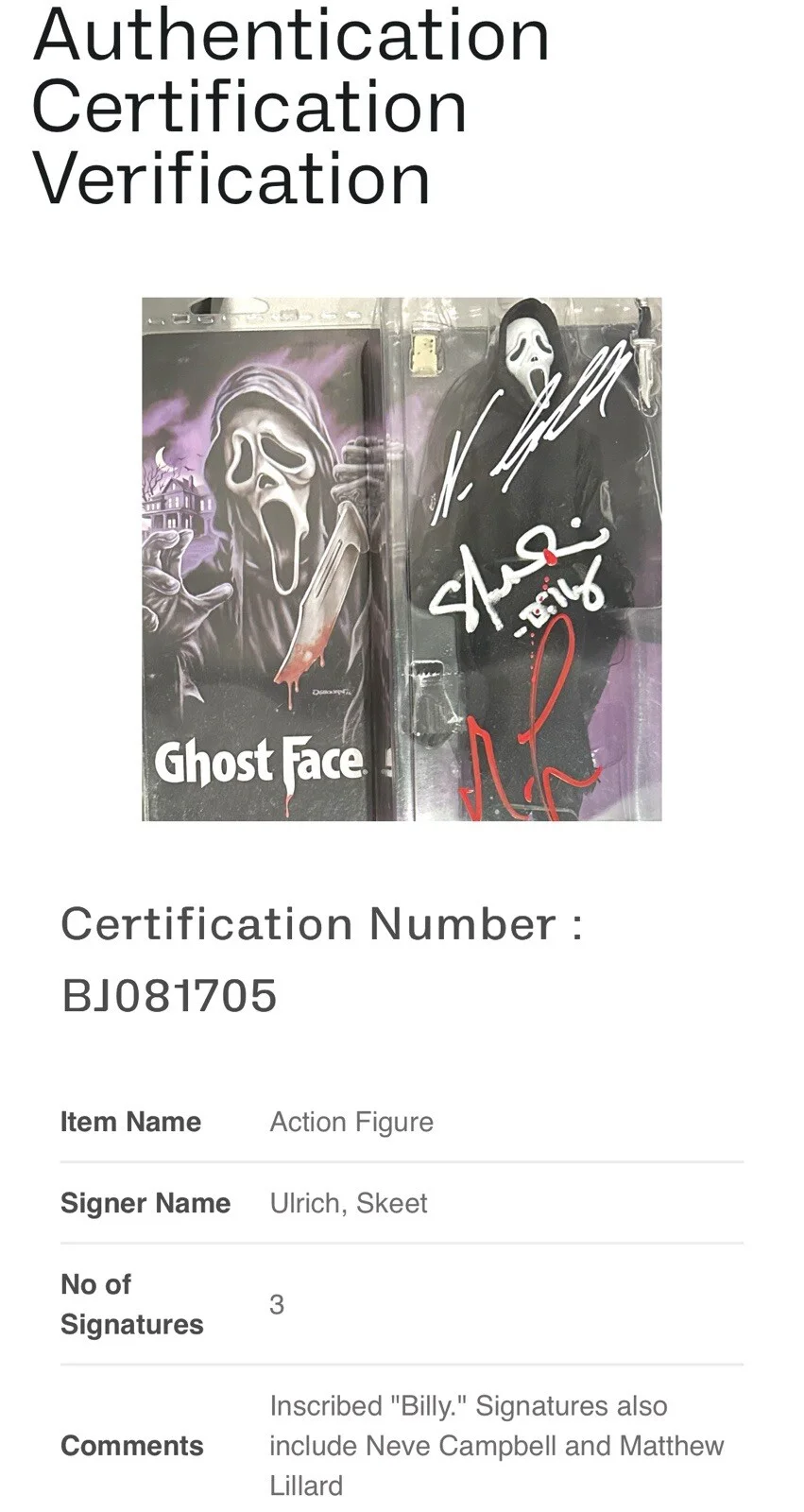 Mathew Lillard, Neve Campbell, Skeet Ulrich — MATHEW LILLARD NEVE CAMPBELL SKEET ULRICH SIGNED SCREAM GHOSTFACE FIGURE BECKETT, изображение 5