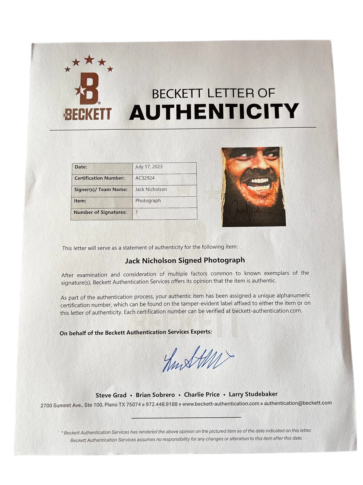 JACK NICHOLSON — JACK NICHOLSON SIGNED AUTOGRAPH 11x14 THE SHINING BECKETT AC32924 HERES JOHNNY, image 2