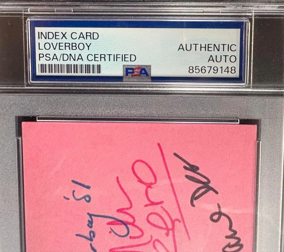 Paul Dean, Matt Frenette, DougJohnson, Mike Reno, Scott Smith — LOVERBOY SIGNED INDEX CARD PSA ENCAPSULATED DEAN FRENETTE JOHNSON RENO SMITH, image 2