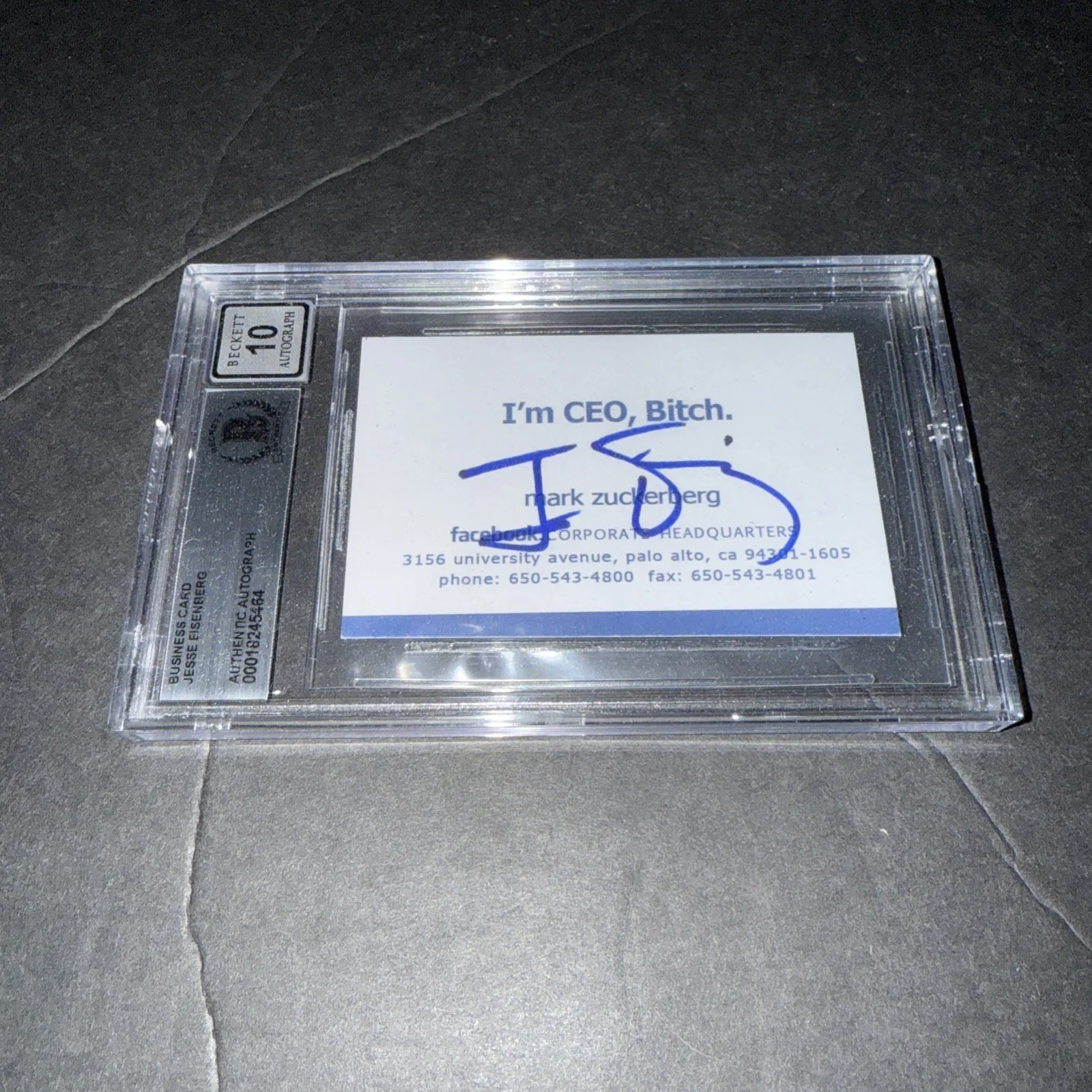 Jesse Eisenberg Signed Social Network Business Card 10 Slab Beckett BAS, image 2