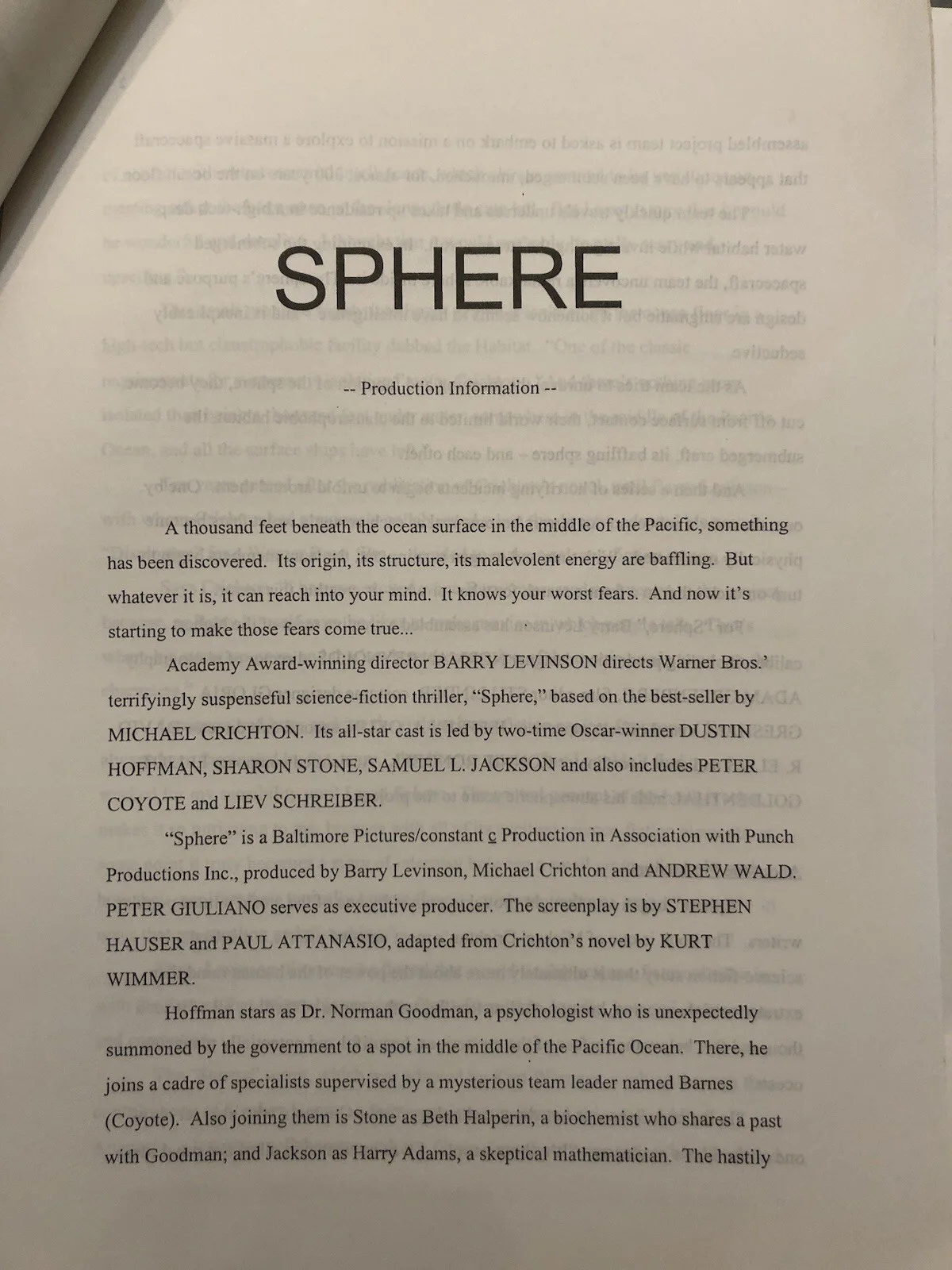 Cinema/Press Pack - “Sphere” Starring Dustin Hoffman & Sharon Stone Movie Collec, image 5