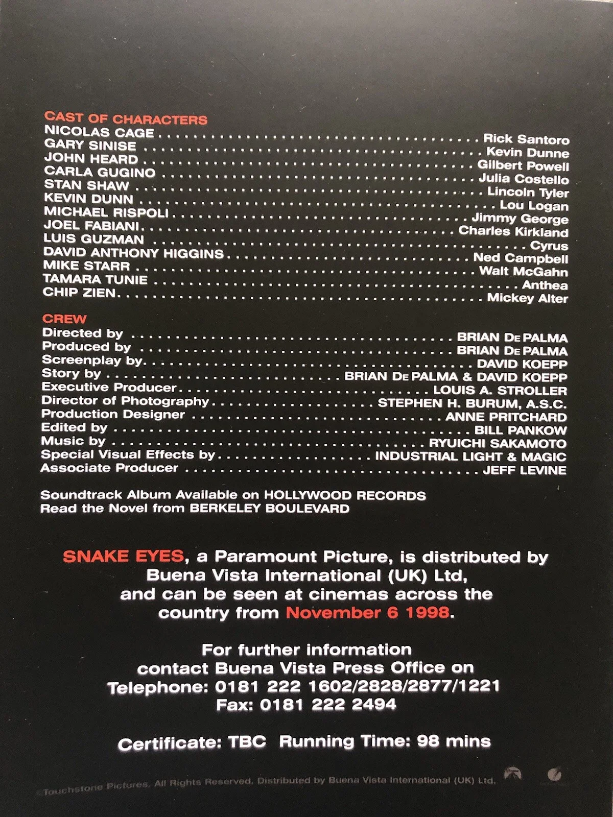 Snake Eyes - Nicolas Cage - Press/Cinema Pack - Movie Collectable, изображение 3
