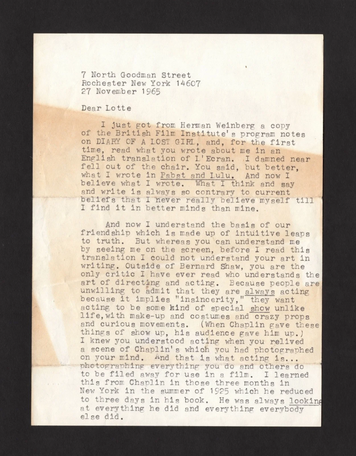 LOUISE BROOKS — HISTORIC 1 OF A KIND 1965 LOUISE BROOKS LETTER TO LOTTE EISNER EXCELLENT CONTENT