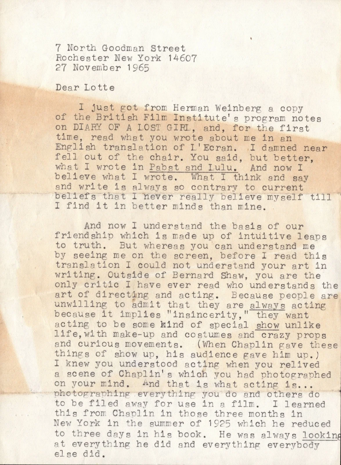 LOUISE BROOKS — HISTORIC 1 OF A KIND 1965 LOUISE BROOKS LETTER TO LOTTE EISNER EXCELLENT CONTENT, изображение 2