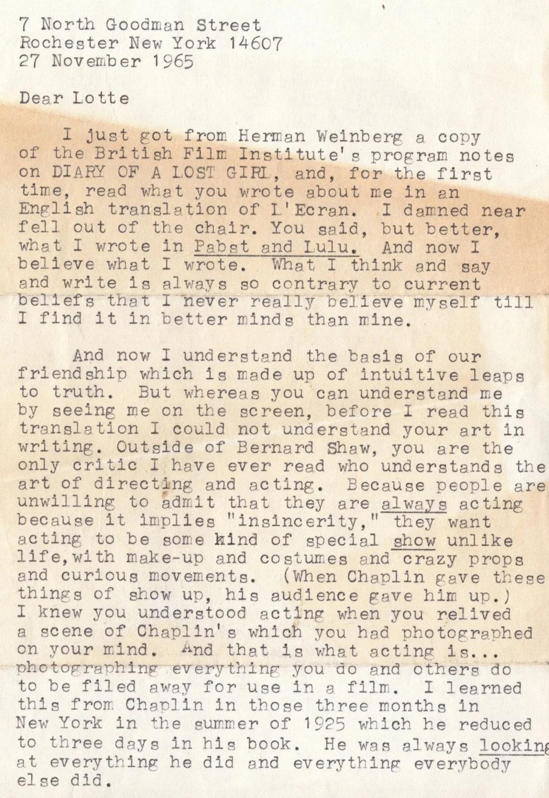 LOUISE BROOKS — HISTORIC 1 OF A KIND 1965 LOUISE BROOKS LETTER TO LOTTE EISNER EXCELLENT CONTENT, изображение 3