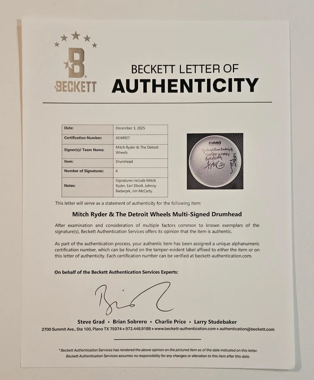 Mitch Ryder Earl Elliott Jim McCarty Johnny Bee Badanjek — DETROIT WHEELS AND MITCH RYDER SIGNED DRUM HEAD 4 AUTOS RARE BECKETT LOA AE44927, изображение 4