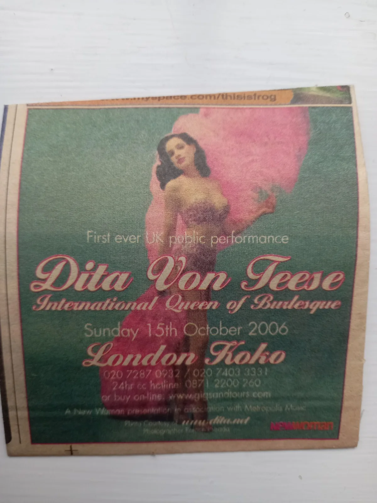 Dita Von Teese Used Ticket Stub 2006 Koko London Plus Newspaper Advert Burlesque, изображение 3