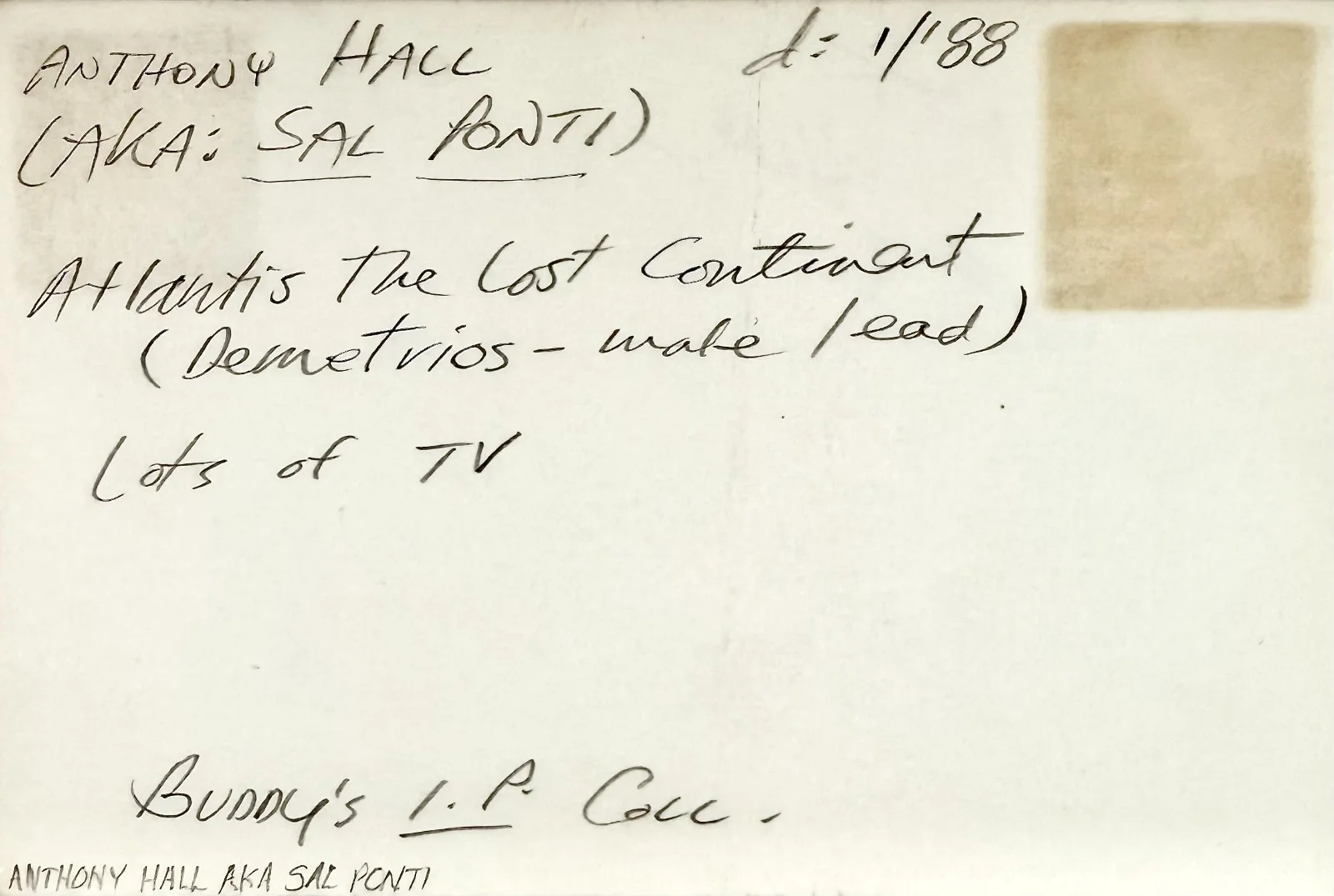 Anthony Hall aka Sal Ponti — ANTHONYY HALL AKA SAL PONTI Signed Autograph 4"x 6" INDEX CARD ALFRED HITCHCOCK, изображение 3