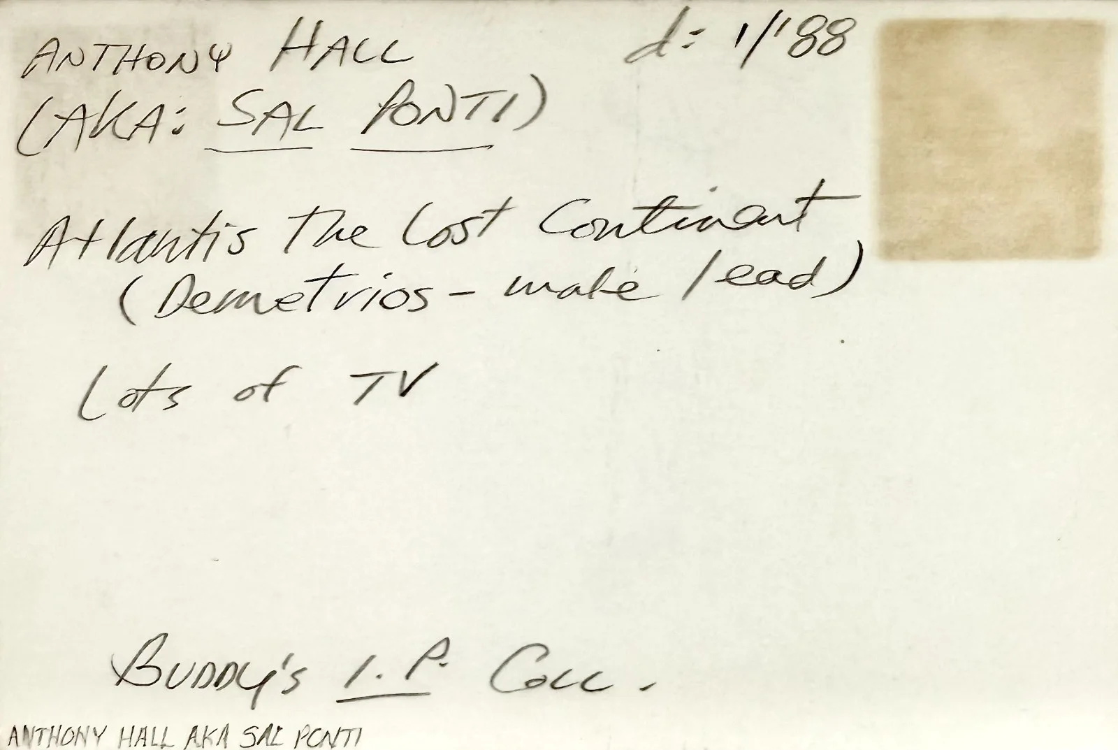 Anthony Hall aka Sal Ponti — ANTHONYY HALL AKA SAL PONTI Signed Autograph 4"x 6" INDEX CARD ALFRED HITCHCOCK, изображение 5